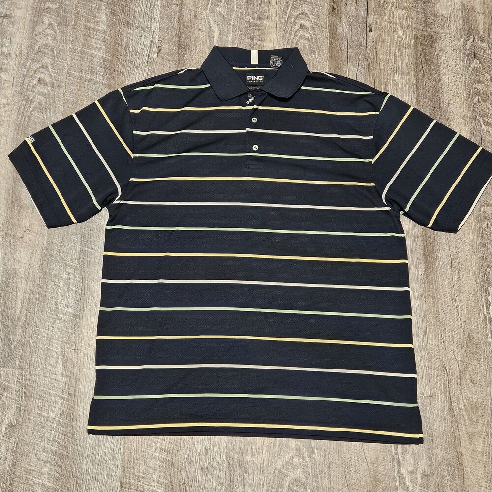 PING Men's Sensor Cool Navy Blue Short Sleeve Striped Polo Golf Shirt SZ Large